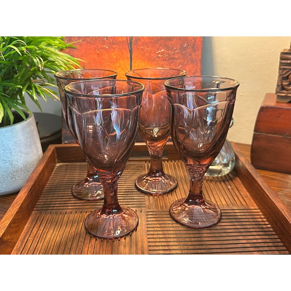Set of 4 Noritake Sweet Swirl Amethyst Glass Goblets Vintage Purple Wine Water - Picture 3 of 13
